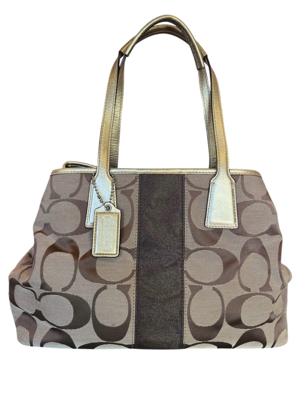 Coach Khaki Gold Shoulder Bag Y2K Vintage Kisslock Signature Stripe Carryall
